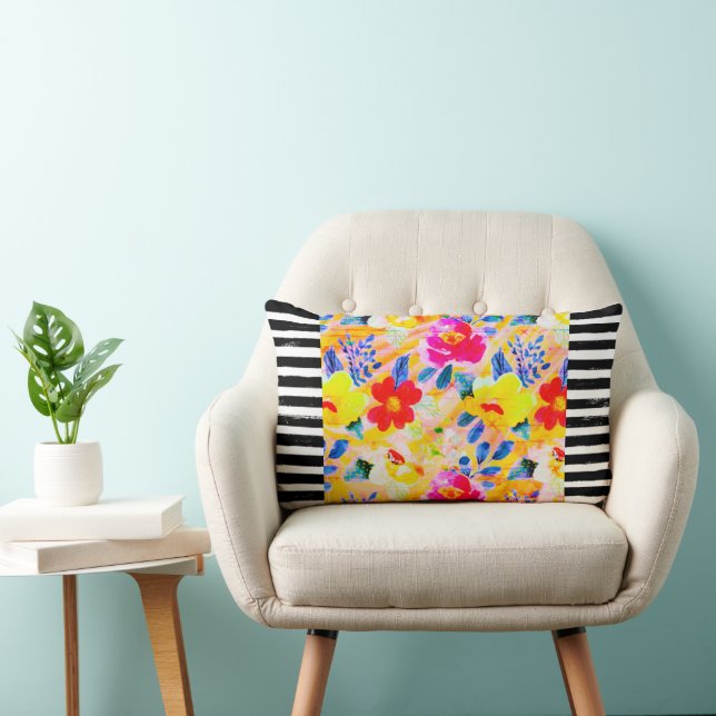 Black Striped Orange Floral Throw Pillow (Chair)
