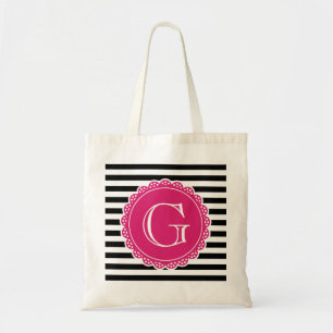 Black Striped Pattern Hot Pink Monogram Tote Bag
