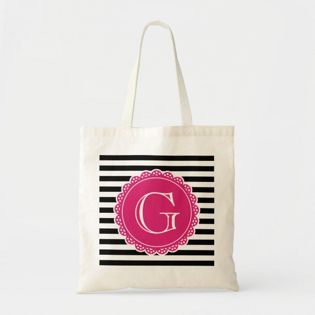 Black Striped Pattern Hot Pink Monogram Tote Bag (Front)