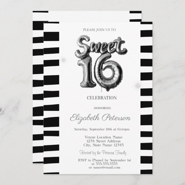 Black Striped Silver Balloon Sweet 16  Invitation (Front/Back)