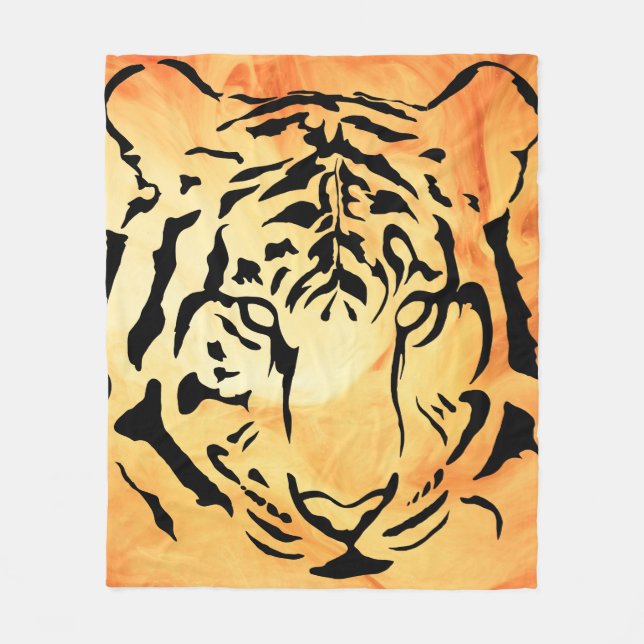 Black Striped Tiger on Fiery Orange Fleece Blanket (Front)