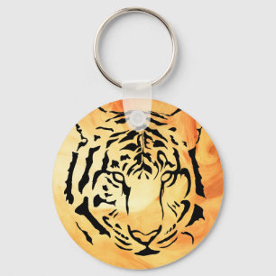 Black Striped Tiger on Fiery Orange Key Ring