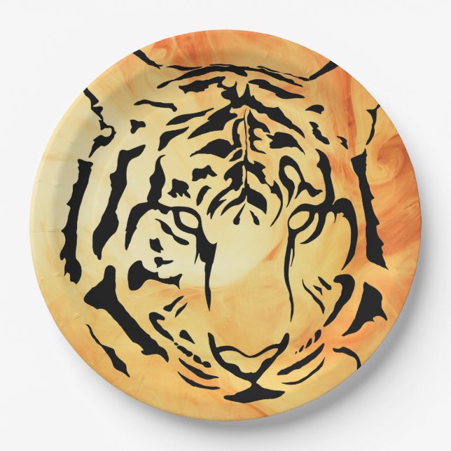 Black Striped Tiger on Fiery Orange Paper Plate (Front)