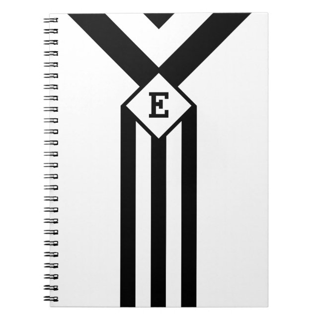 Black Stripes and Chevrons with Monogram on White Spiral Notebook (Front)