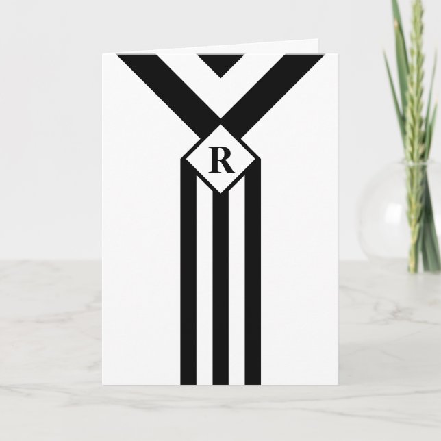 Black Stripes and Chevrons with Monogram on White Thank You Card (Front)