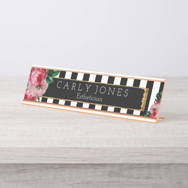 Black Stripes and Floral Desk Nameplate (Front)