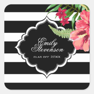 Black Stripes And Hibiscus- Graduations Square Sticker