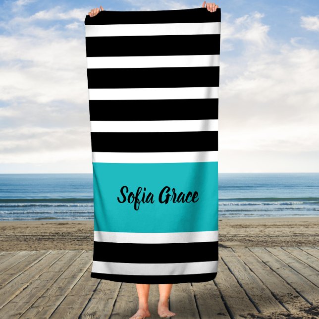 Black Stripes Aqua Custom Name Bath Towel (Creator Uploaded)