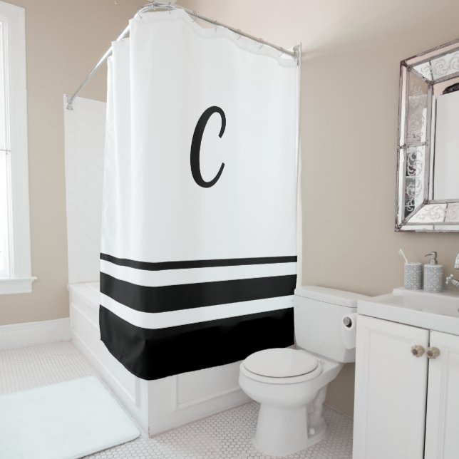 Black Stripes Custom Monogram Shower Curtain (In Situ)