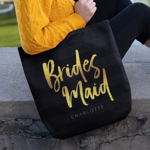 Black Stripes Faux Gold Brush Script Bridesmaid Tote Bag
