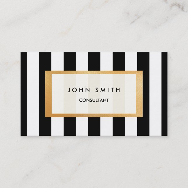 Black Stripes & Faux Gold Two-Sided Business Card (Front)