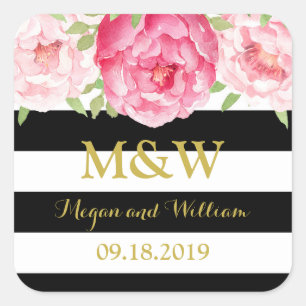 Black Stripes Floral Monogram Wedding Favour Tag