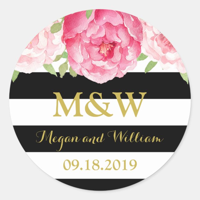 Black Stripes Floral Monogram Wedding Favour Tag (Front)