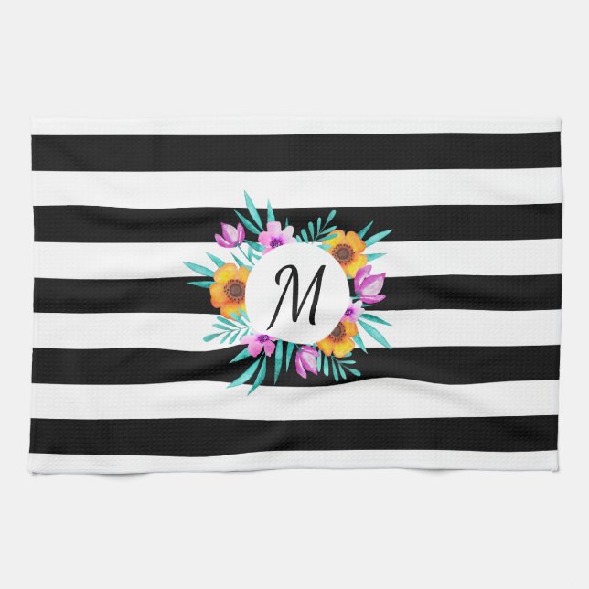 Black Stripes Floral Wreath Personalised Initial Tea Towel (Horizontal)