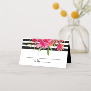 Black Stripes   Fuchsia Flowers Wedding  Place Card