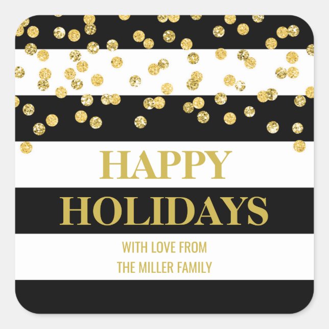 Black Stripes Gold Confetti Happy Holidays Custom Square Sticker (Front)