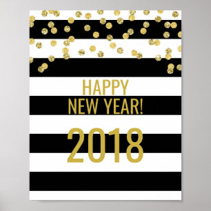 Black Stripes Gold Confetti Happy New Year 2018 Poster