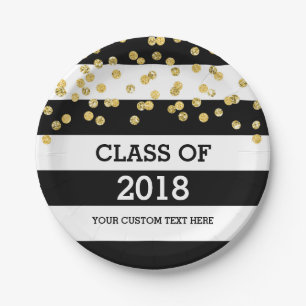 Black Stripes Gold Dots Class of 2018 Graduation Paper Plate