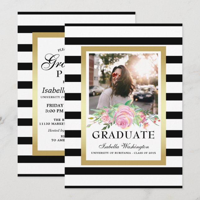 Black Stripes Gold Floral Graduation Party Photo Invitation (Front/Back)