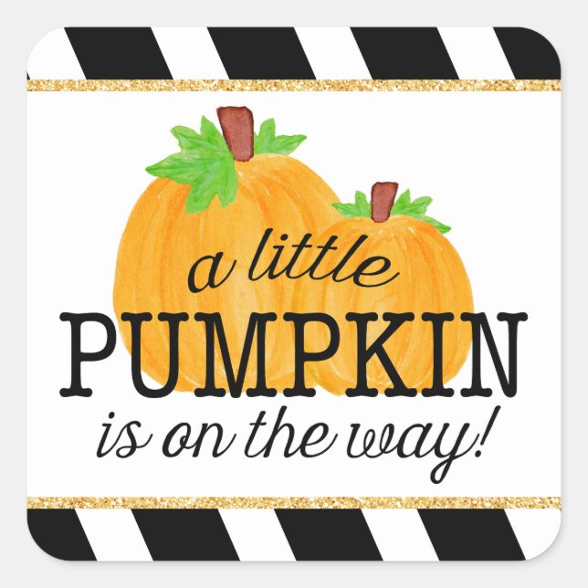 Black Stripes Gold Little Pumpkin Fall Baby Shower Square Sticker (Front)
