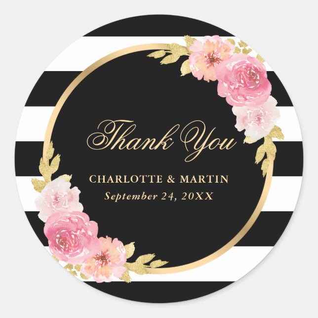Black Stripes Gold Pink Floral Wedding Thank You Classic Round Sticker (Front)