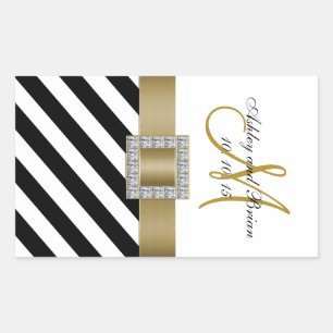 Black Stripes Gold Ribbon Initial Wedding Wine Rectangular Sticker