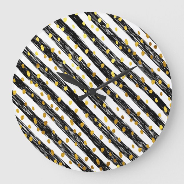 Black stripes, golden confetti, seamless pattern. large clock (Front)