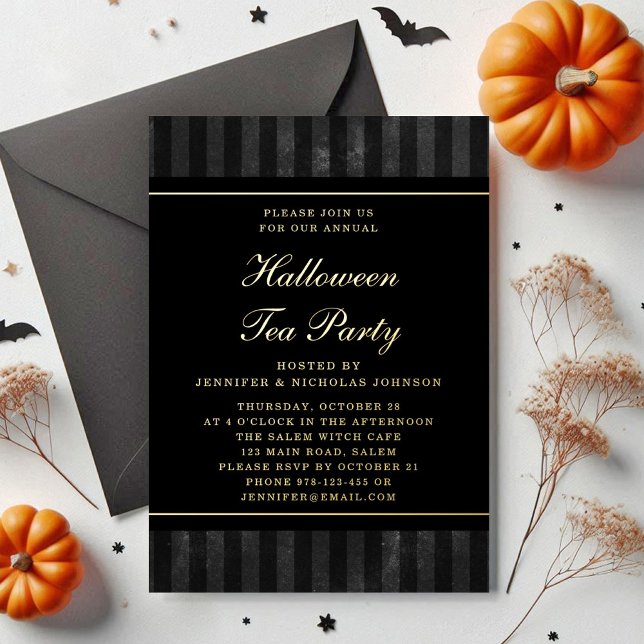 Black Stripes Halloween Tea Party Gold (Black Stripes Halloween Tea Party Gold Foil Invitation)