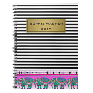Black Stripes Ornate Elephant Modern Spiral Notebook