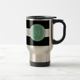 Black Stripes Pattern, Mint Green Monogram Travel Mug