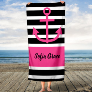 Black Stripes Pink Anchor Script Name Bath Towel