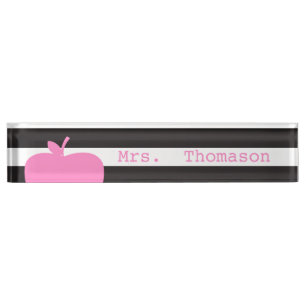 Black Stripes Pink Apple Teacher Nameplate