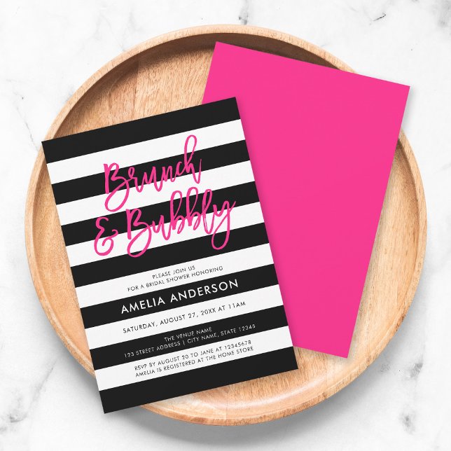 Black Stripes Pink Brunch & Bubbly Bridal Shower Invitation (Creator Uploaded)