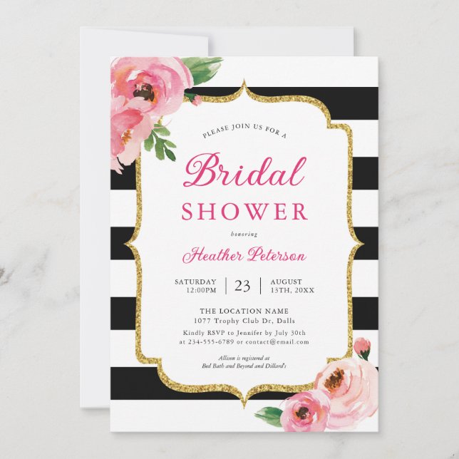 Black Stripes Pink Floral Bridal Shower Invitation (Front)