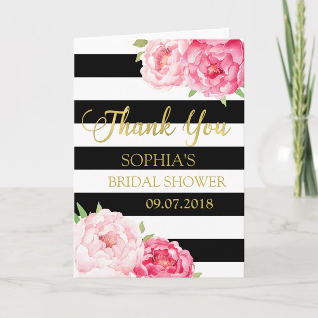 Black Stripes Pink Floral Bridal Shower Thank You Card (Front)