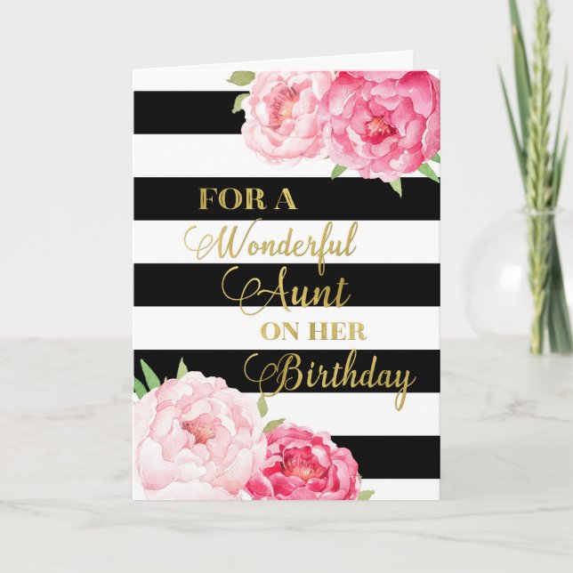 Black Stripes Pink Flowers Aunt Birthday Card (Front)