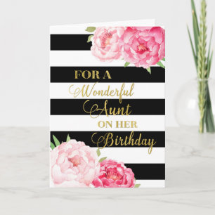 Black Stripes Pink Flowers Aunt Birthday Card