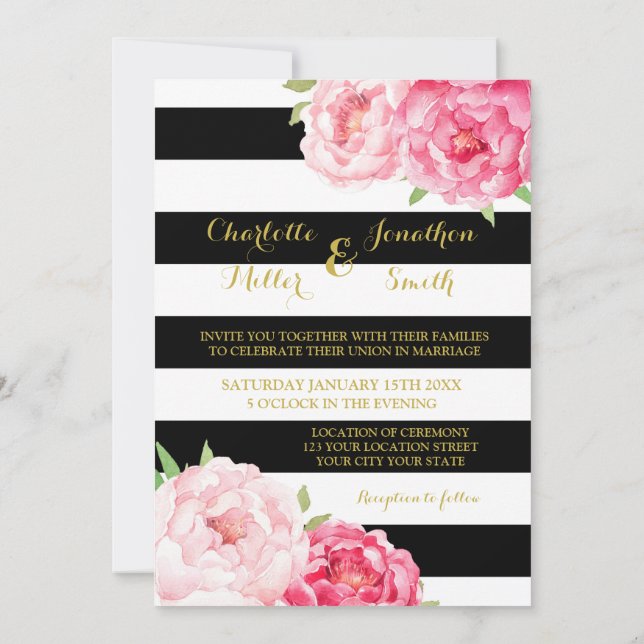 Black Stripes Pink Flowers Wedding Invitations (Back)