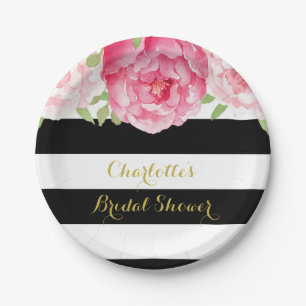 Black Stripes Pink Watercolor Bridal Shower Plate