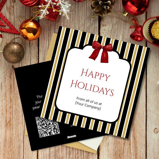 Black Stripes & Red Bow Custom Corporate Greetings Holiday Card (Creator Uploaded)