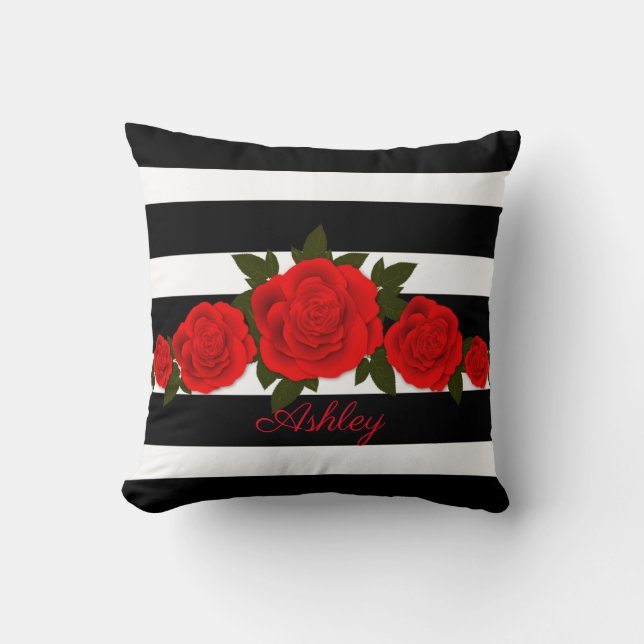 Black Stripes Red Roses Cushion (Front)