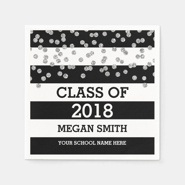 Black Stripes Silver Dots Class of 2018 Graduation Napkin (Front)