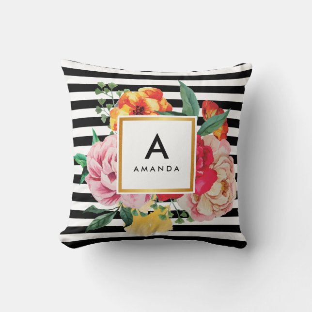Black stripes Watercolor Peony Flowers Monogram Cushion (Front)