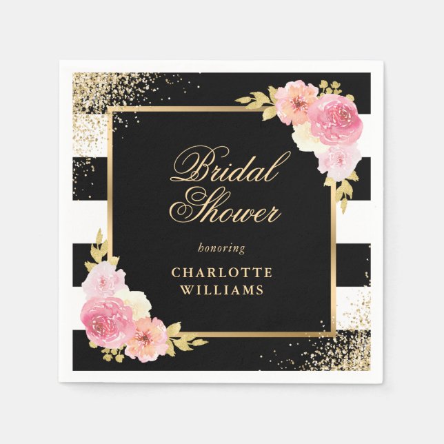 Black Stripes Watercolor Pink Floral Bridal Shower Napkin (Front)