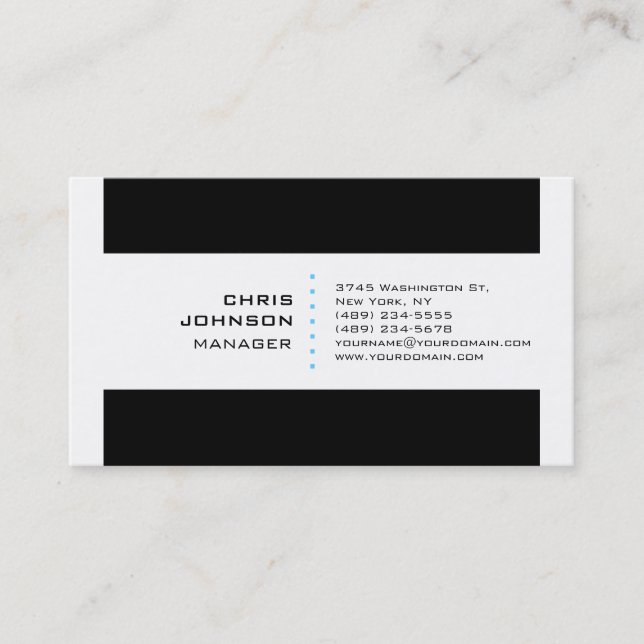 Black Stripes White Blue Manager Business Card (Front)