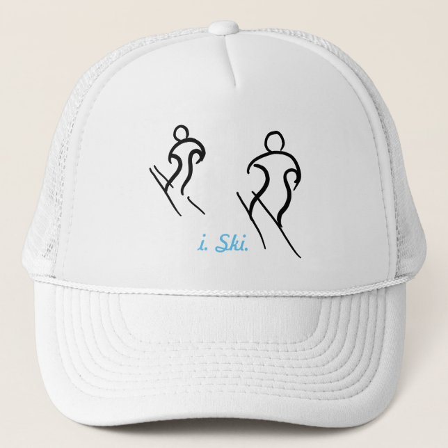 Black Stylised Skiers Skiing and i. Ski. text Trucker Hat (Front)