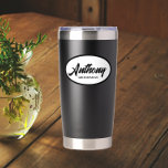 Black Stylised Wedding Groomsman Name Insulated Tumbler<br><div class="desc">Gift your groomsman this trendy and personalised,  stainless steel,  thermal tumbler,  personalised with his own name in black,  stylised script inside a white,  oval design on a black background. Personalise your tumbler by editing and replacing name with your groomsman's name. Select your tumbler colour style.</div>