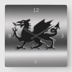 Black stylised Welsh Dragon on metallic-look Square Wall Clock