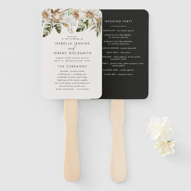 Black stylish botanical rustic elegant modern hand fan (Front and Back)