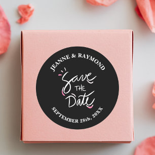 Black Stylish Calligraphy Wedding Save the Date Classic Round Sticker